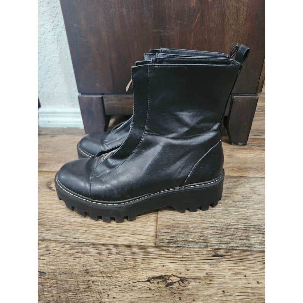Black Faux Leather Chunky Front Zip Platform Lug Sole Combat Boots Grunge US 10